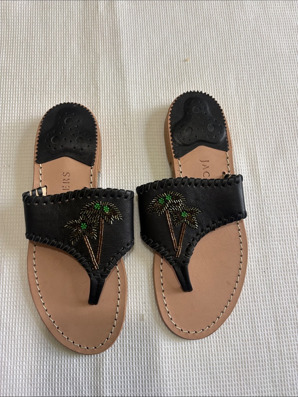 Jack Rogers black leather palm tree beaded sandals NWOT